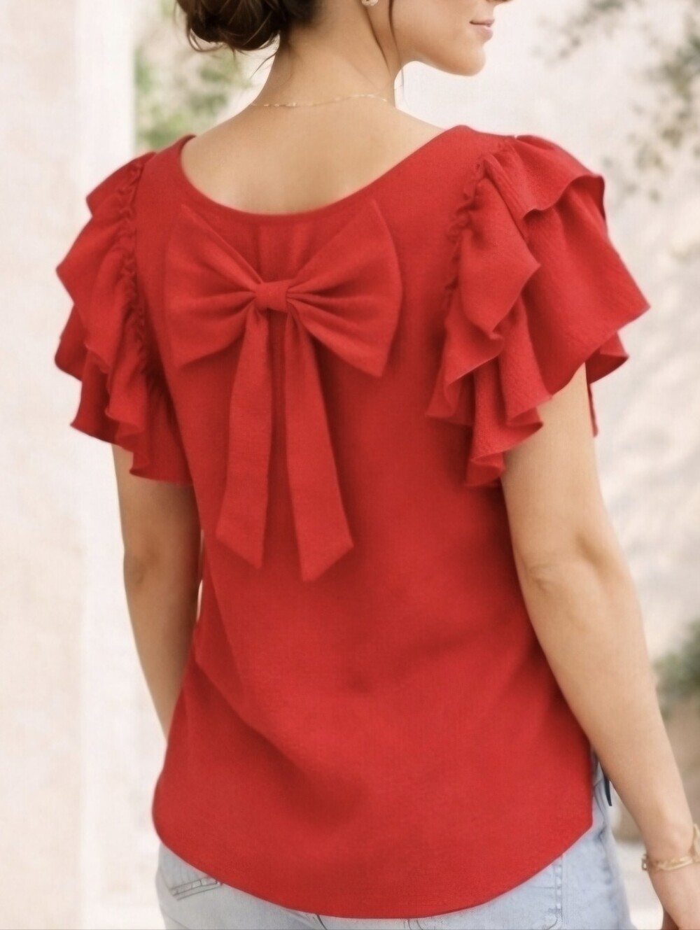 Nwt Falechay Red Ruffle Sleeve Blouse With Statement Bow Back Size 3XL